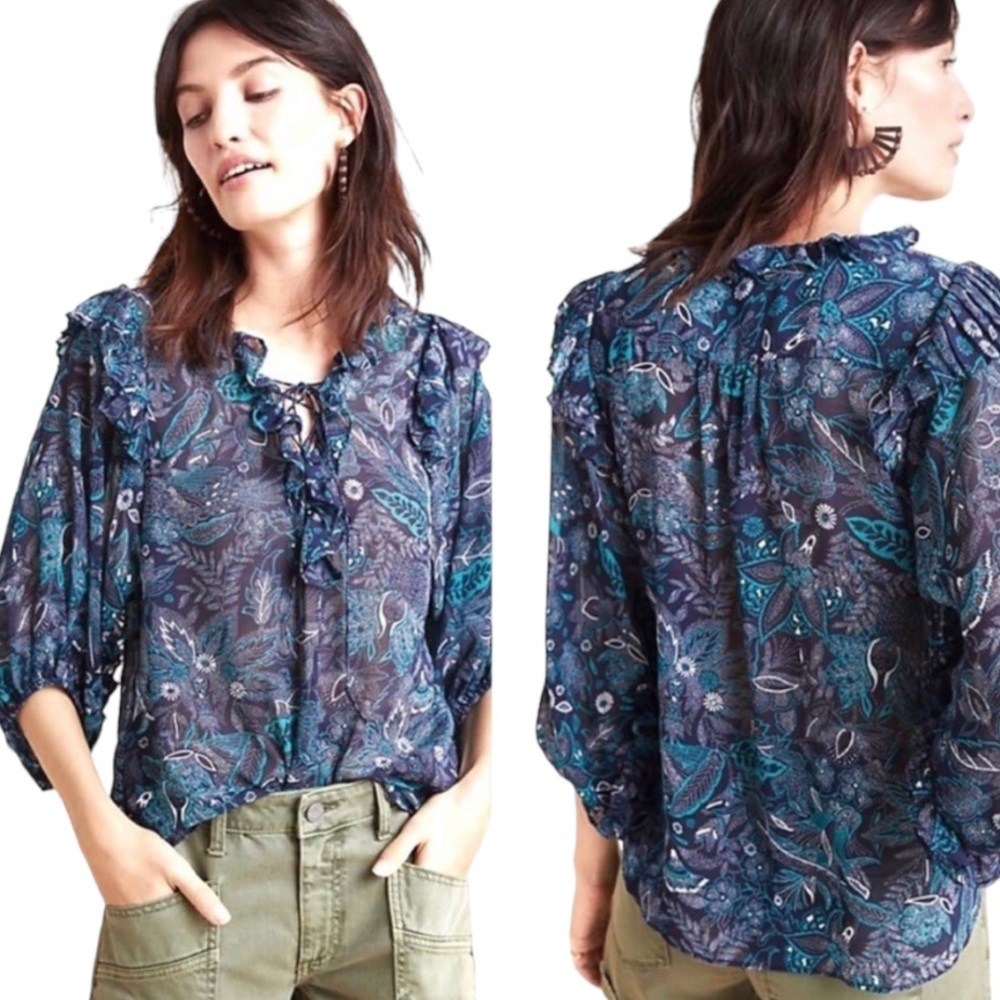 by‎ Anthropologie Haida Peasant Top Size Blue Floral Ruffled Lace Up Blouse XS